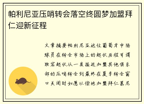 帕利尼亚压哨转会落空终圆梦加盟拜仁迎新征程