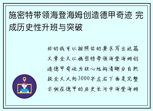 施密特带领海登海姆创造德甲奇迹 完成历史性升班与突破
