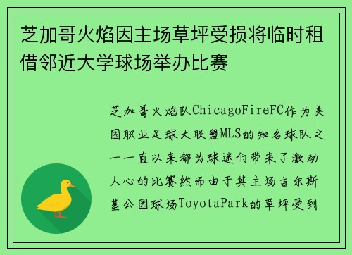 芝加哥火焰因主场草坪受损将临时租借邻近大学球场举办比赛